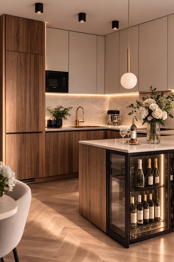 Cucina con isola, vetrina per il vino illuminata e colonne in legno chiaro
