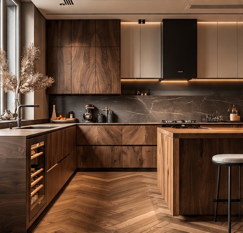 Cucina in noce con pensili a venatura continua, schienale in marmo scuro e isola con sgabello