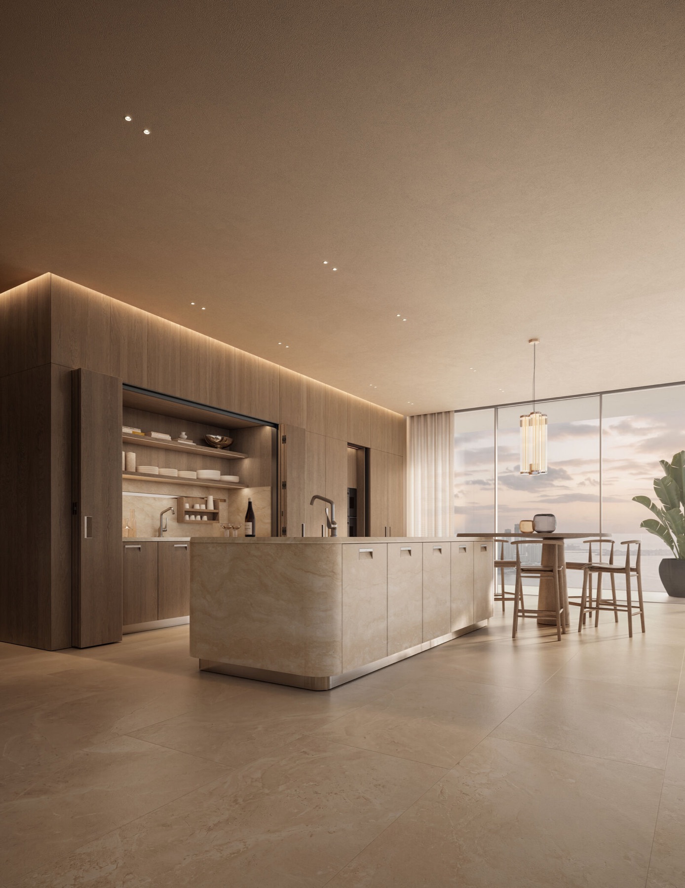 Cucina su misura in legno e pietra con isola centrale, luce calda del tramonto