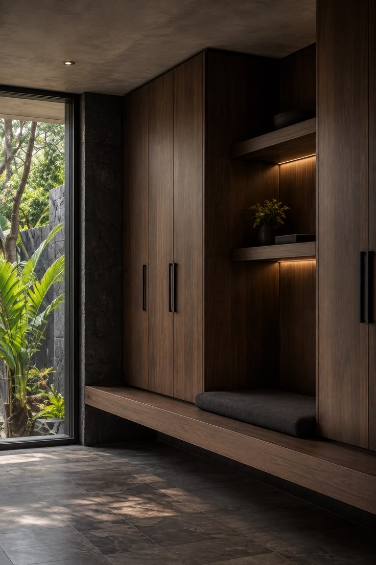 Ingresso con armadi in legno scuro a tutta altezza, nicchie illuminate e panca sospesa