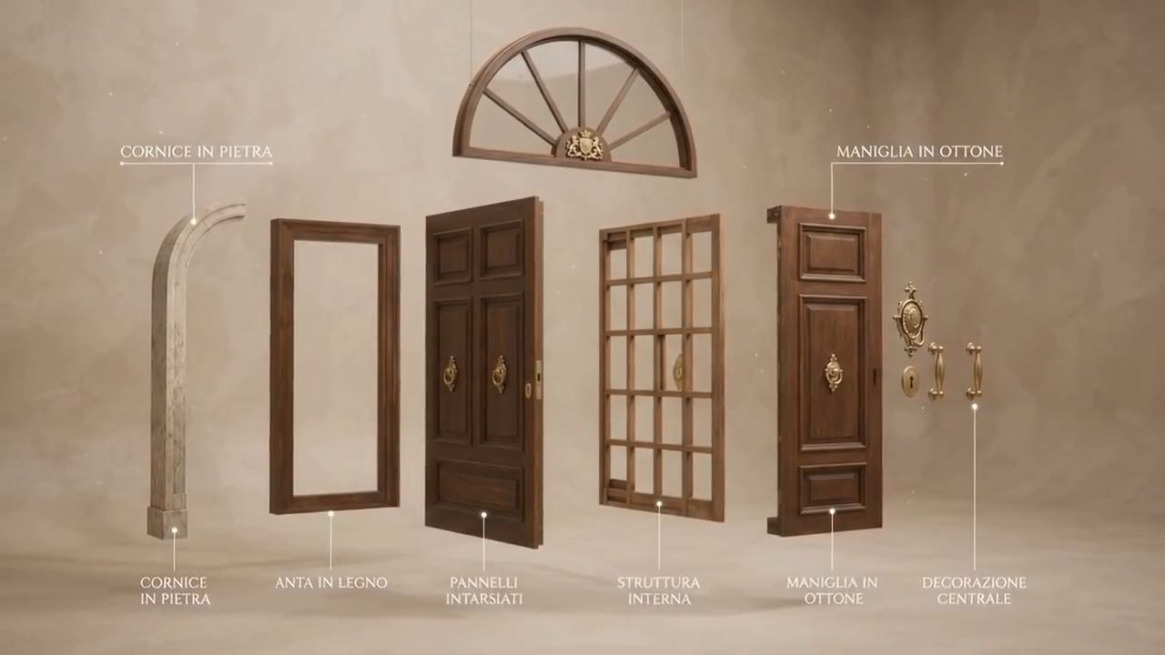 Portone in legno scomposto nei suoi elementi: cornice in pietra, anta in legno, pannelli intarsiati, struttura interna, maniglia in ottone, decorazione centrale
