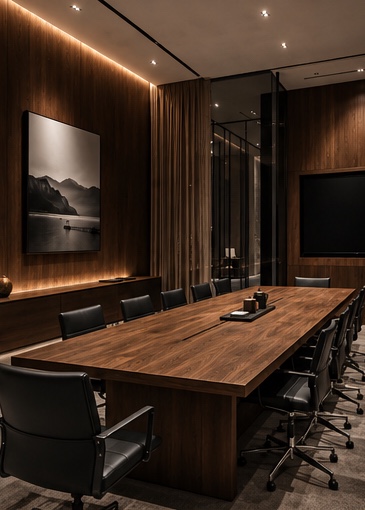 Sala riunioni con lungo tavolo in noce, pareti rivestite in legno e luce radente